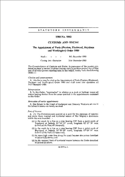 The Appointment of Ports (Preston, Fleetwood, Heysham and Workington) Order 1980