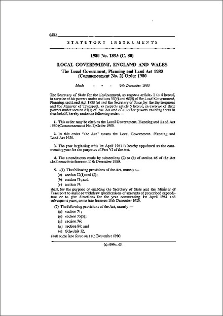 The Local Government, Planning and Land Act 1980 (Commencement No. 2) Order 1980