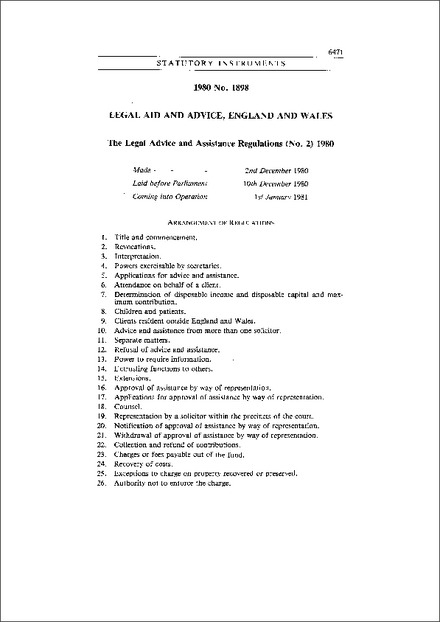 The Legal Advice and Assistance Regulations (No. 2) 1980