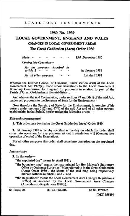 The Great Gaddesden (Area) Order 1980