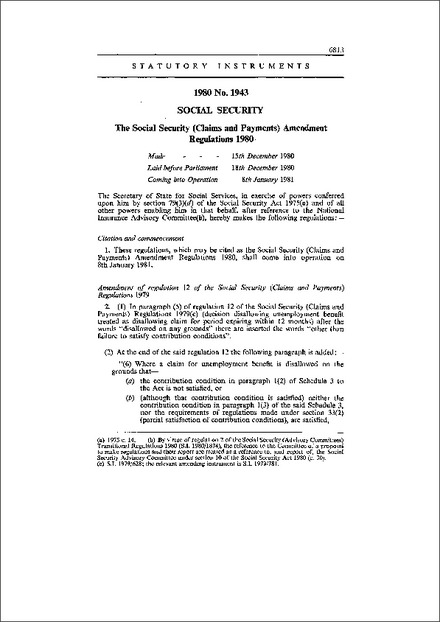 The Social Security (Claims and Payments) Amendment Regulations 1980