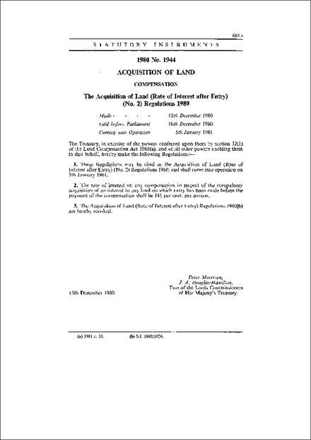 The Acquisition of Land (Rate of Interest after Entry) (No. 2) Regulations 1980