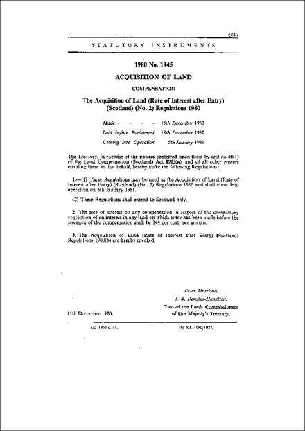 The Acquisition of Land (Rate of Interest after Entry) (Scotland) (No. 2) Regulations 1980
