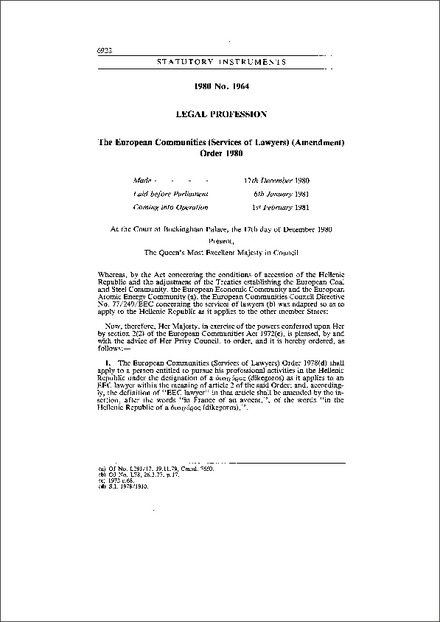 The European Communities (Services of Lawyers) (Amendment) Order 1980