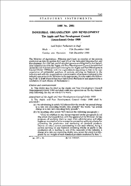 The Apple and Pear Development Council (Amendment) Order 1980
