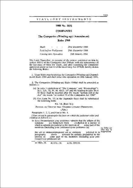 The Companies (Winding-up) (Amendment) Rules 1980
