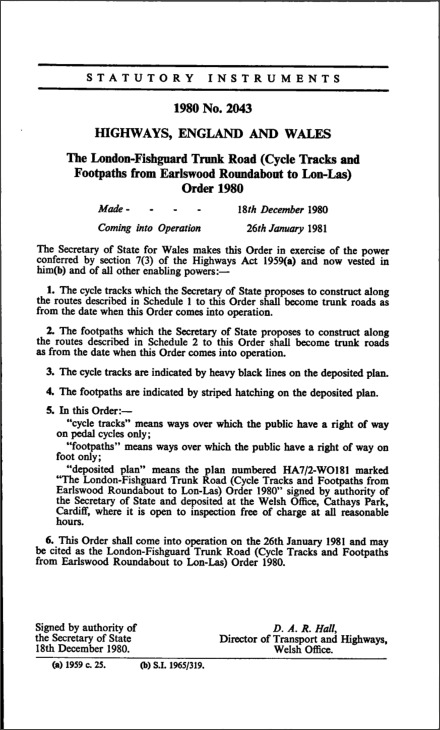 The London-Fishguard Trunk Road (Cycle Tracks and Footpaths from Earlswood Roundabout to Lon-Las) Order 1980