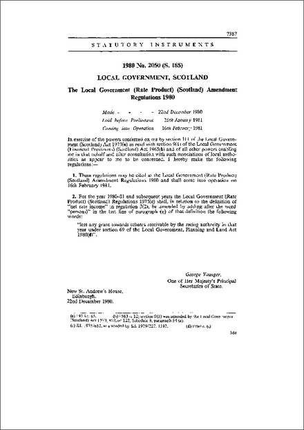 The Local Government (Rate Product) (Scotland) Amendment Regulations 1980