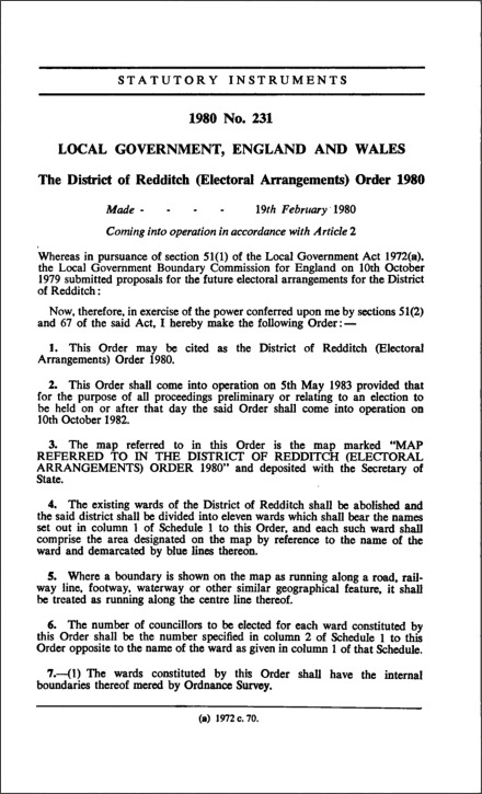 The District of Redditch (Electoral Arrangements) Order 1980