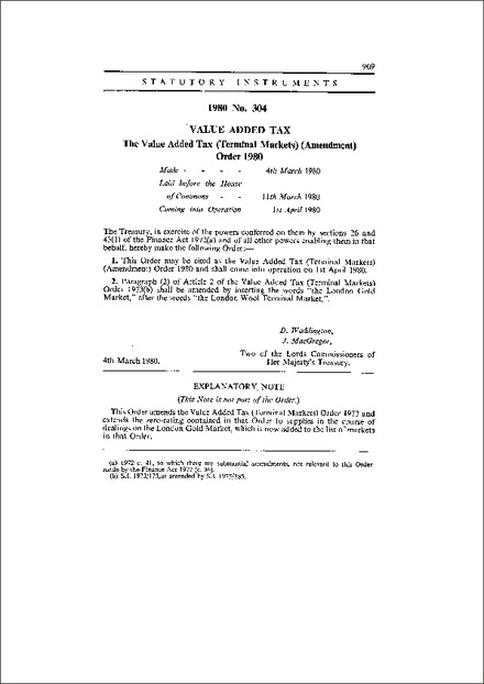 The Value Added Tax (Terminal Markets) (Amendment) Order 1980