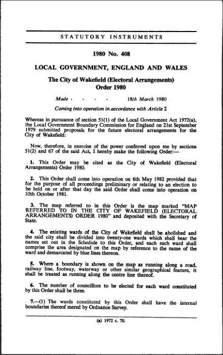 The City of Wakefield (Electoral Arrangements) Order 1980