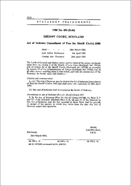 Act of Sederunt (Amendment of Fees for Sheriff Clerks) 1980