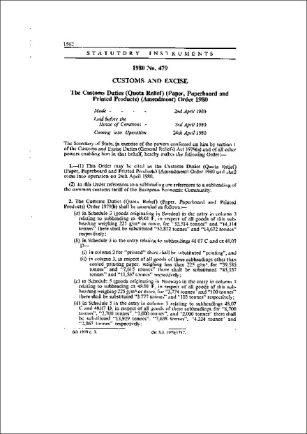 The Customs Duties (Quota Relief) (Paper, Paperboard and Printed Products) (Amendment) Order 1980