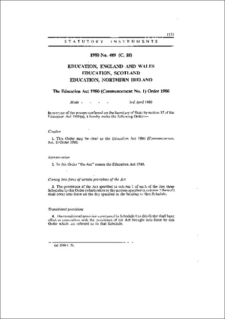 The Education Act 1980 (Commencement No. 1) Order 1980
