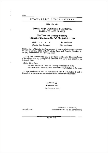 The Town and Country Planning (Repeal of Provisions No. 34) (Kent) Order 1980
