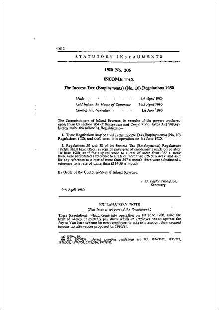 The Income Tax (Employments) (No. 10) Regulations 1980
