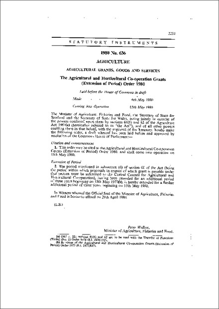 The Agricultural and Horticultural Co-operation Grants (Extension of Period) Order 1980