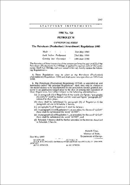 The Petroleum (Production) (Amendment) Regulations 1980