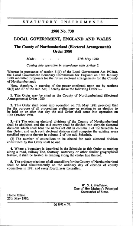 The County of Northumberland (Electoral Arrangements) Order 1980