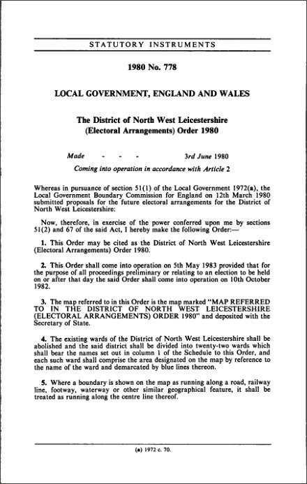 The District of North West Leicestershire (Electoral Arrangements) Order 1980
