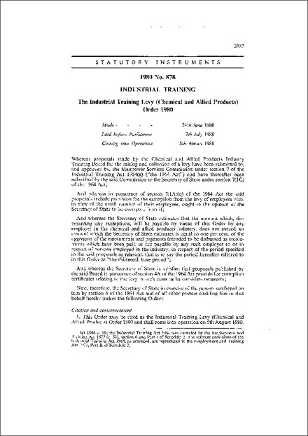 The Industrial Training Levy (Chemical and Allied Products) Order 1980