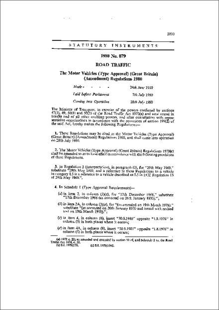 The Motor Vehicles (Type Approval) (Great Britain) (Amendment) Regulations 1980