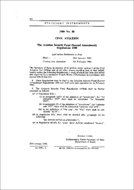 The Aviation Security Fund (Second Amendment) Regulations 1980