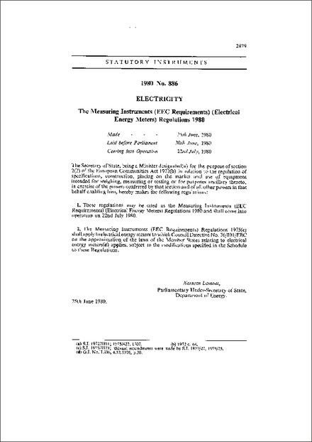 The Measuring Instruments (EEC Requirements) (Electrical Energy Meters) Regulations 1980