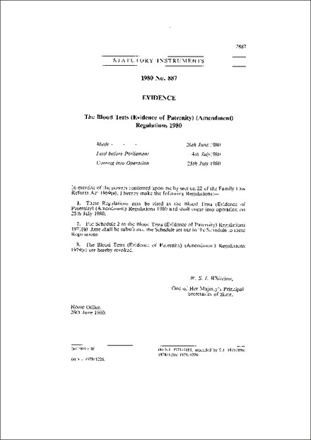 The Blood Tests (Evidence of Paternity) (Amendment) Regulations 1980