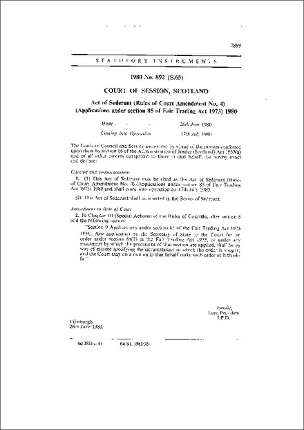 Act of Sederunt (Rules of Court Amendment No. 4) (Applications under section 85 of Fair Trading Act 1973) 1980