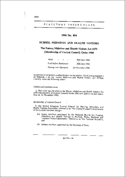 The Nurses, Midwives and Health Visitors Act 1979 (Membership of Central Council) Order 1980