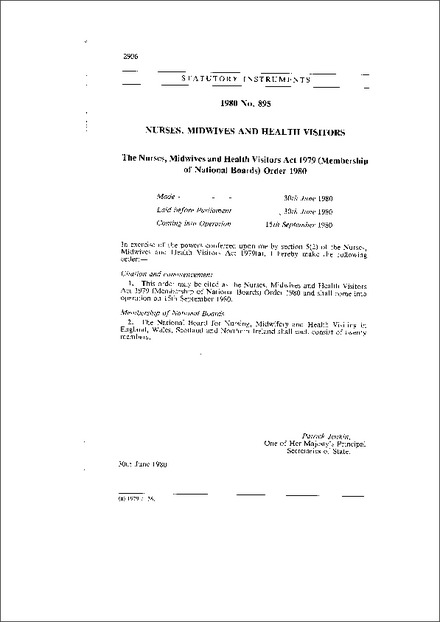 The Nurses, Midwives and Health Visitors Act 1979 (Membership of National Boards) Order 1980