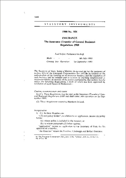 The Insurance (Transfer of General Business) Regulations 1980