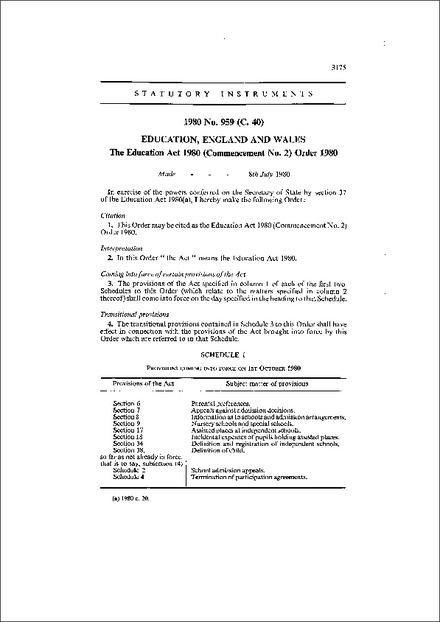 The Education Act 1980 (Commencement No. 2) Order 1980