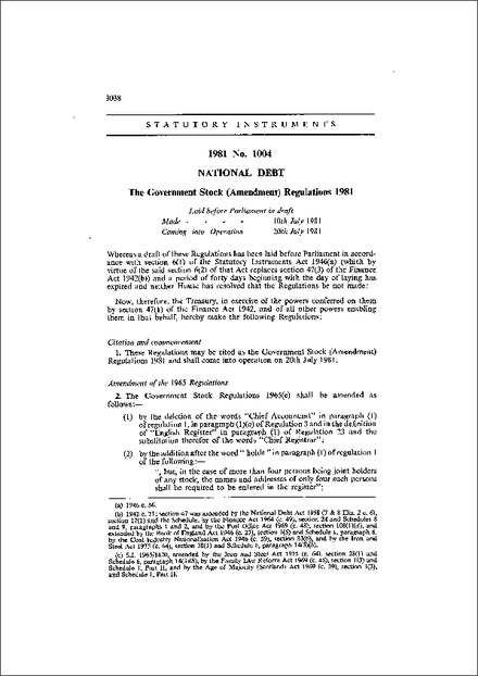 The Government Stock (Amendment) Regulations 1981