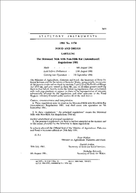 The Skimmed Milk with Non-Milk Fat (Amendment) Regulations 1981