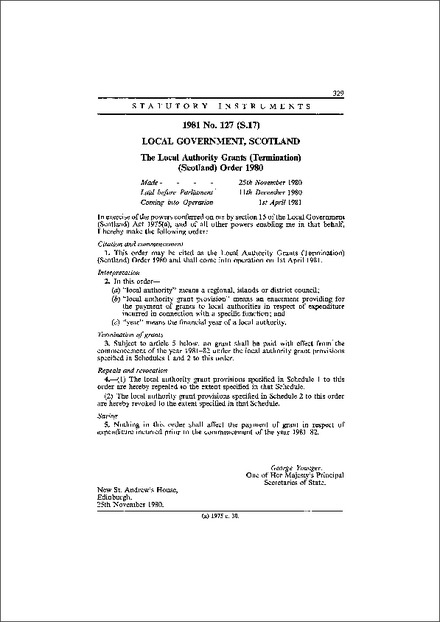 The Local Authority Grants (Termination) (Scotland) Order 1980