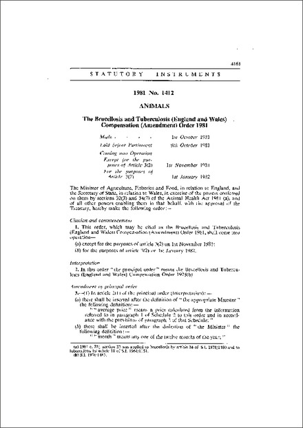 The Brucellosis and Tuberculosis (England and Wales) Compensation (Amendment) Order 1981