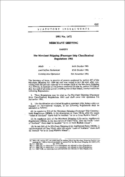 The Merchant Shipping (Passenger Ship Classification) Regulations 1981