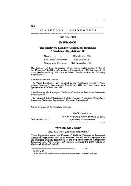 The Employers' Liability (Compulsory Insurance) (Amendment) Regulations 1981