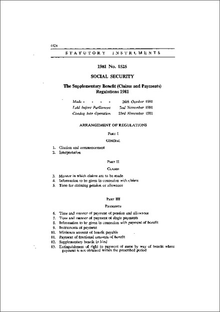 The Supplementary Benefit (Claims and Payments) Regulations 1981