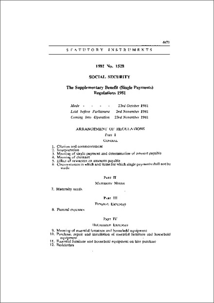 The Supplementary Benefit (Single Payments) Regulations 1981