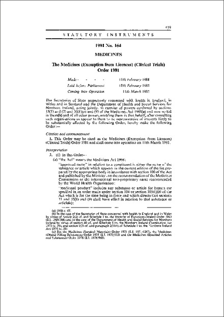 The Medicines (Exemption from Licences) (Clinical Trials) Order 1981