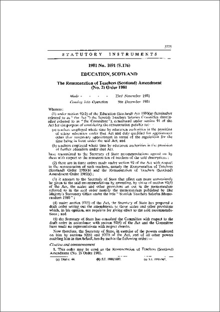 The Remuneration of Teachers (Scotland) Amendment (No. 2) Order 1981