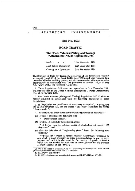 The Goods Vehicles (Plating and Testing) (Amendment) (No. 2) Regulations 1981