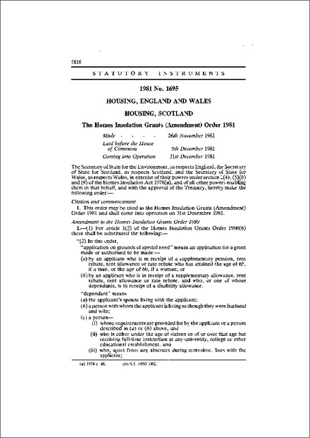 The Homes Insulation Grants (Amendment) Order 1981