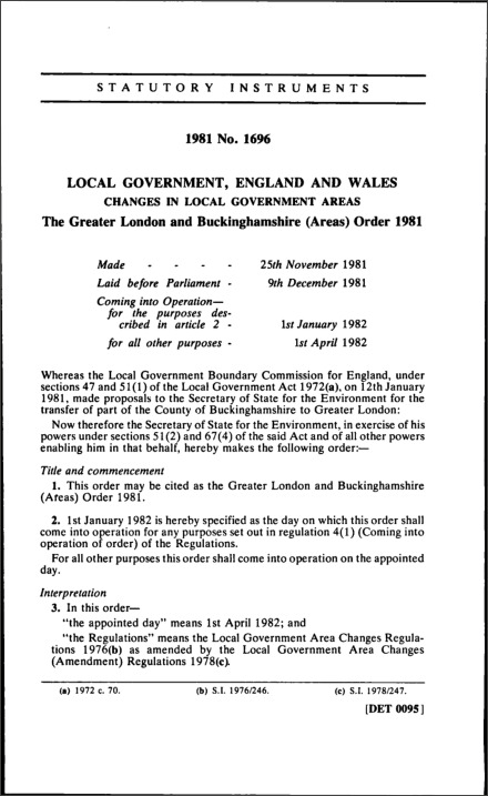 The Greater London and Buckinghamshire (Areas) Order 1981