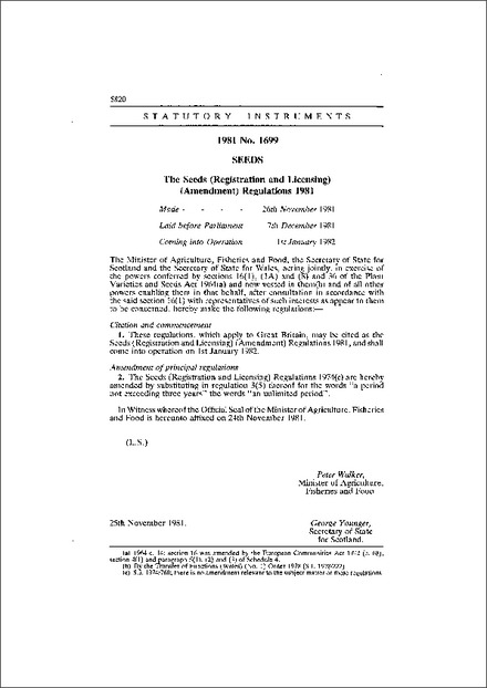 The Seeds (Registration and Licensing) (Amendment) Regulations 1981