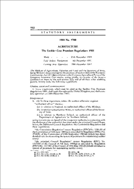 The Suckler Cow Premium Regulations 1981