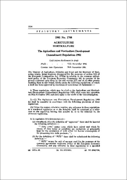 The Agriculture and Horticulture Development (Amendment) Regulations 1981
